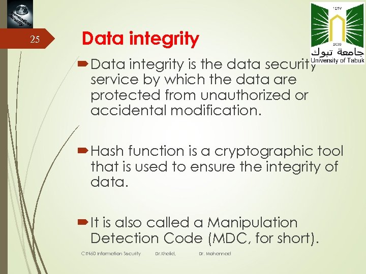 25 Data integrity is the data security service by which the data are protected