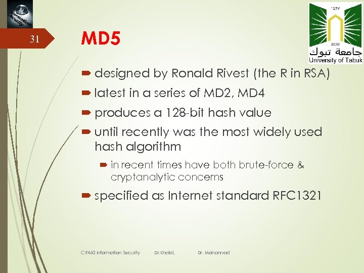31 MD 5 designed by Ronald Rivest (the R in RSA) latest in a