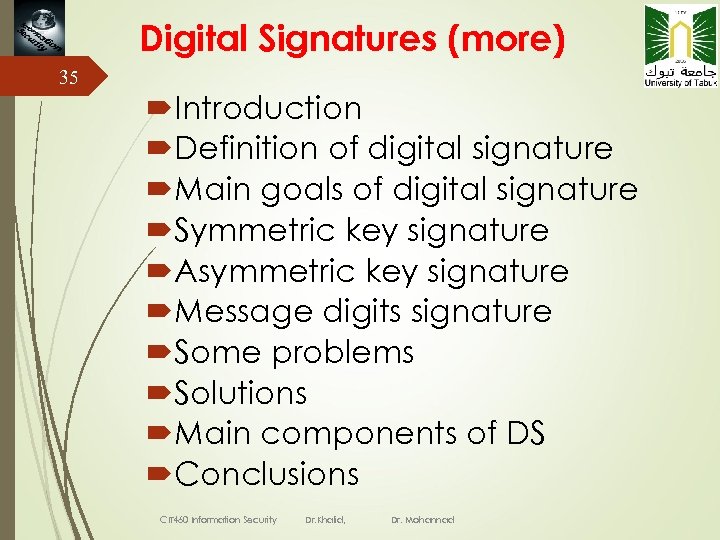 Digital Signatures (more) 35 Introduction Definition of digital signature Main goals of digital signature