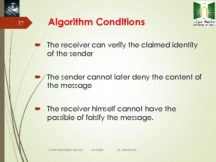 37 Algorithm Conditions The receiver can verify the claimed identity of the sender The