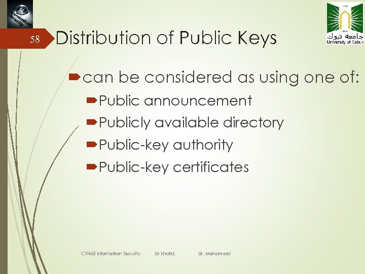 58 Distribution of Public Keys can be considered as using one of: Public announcement