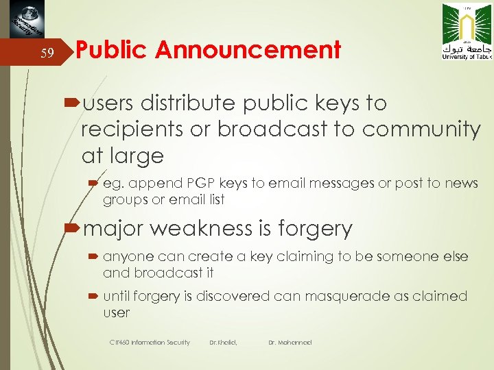 59 Public Announcement users distribute public keys to recipients or broadcast to community at