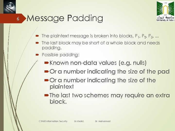 6 Message Padding The plaintext message is broken into blocks, P 1, P 2,