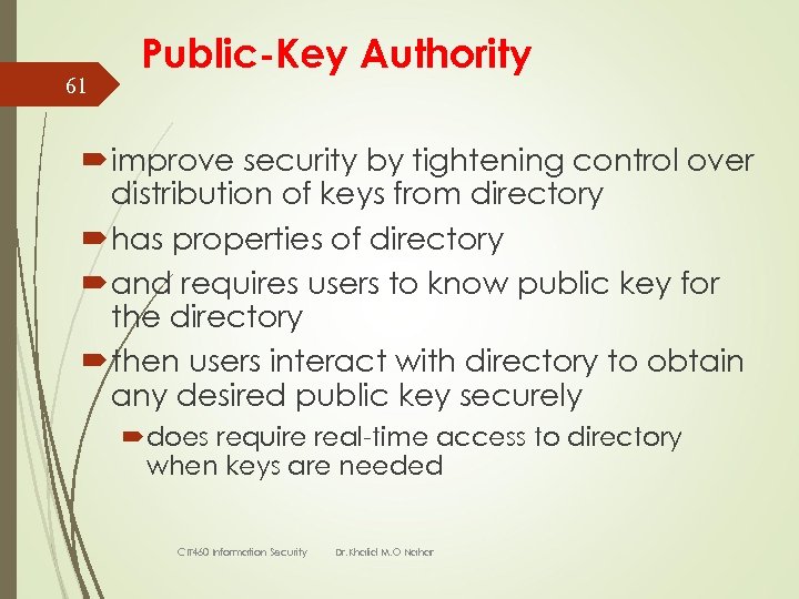 61 Public-Key Authority improve security by tightening control over distribution of keys from directory