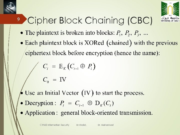 9 Cipher Block Chaining (CBC) CIT 460 Information Security Dr. Khalid, Dr. Mohannad 