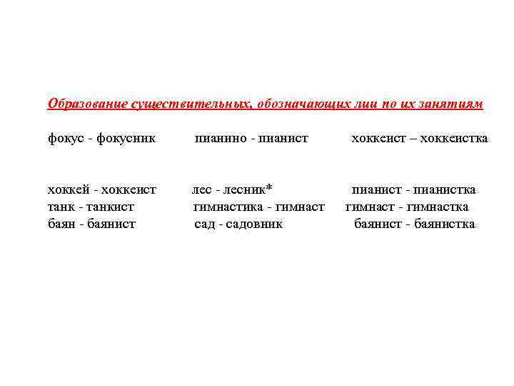 Образование существительных, обозначающих лии по их занятиям фокус - фокусник хоккей - хоккеист танк
