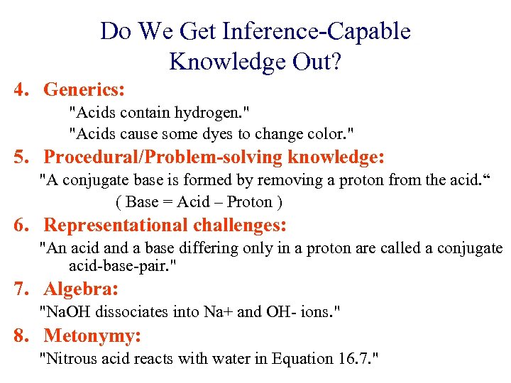 Do We Get Inference-Capable Knowledge Out? 4. Generics: 