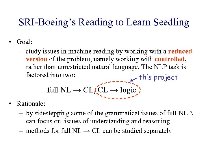 SRI-Boeing’s Reading to Learn Seedling • Goal: – study issues in machine reading by