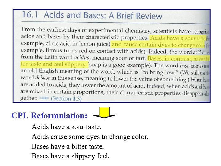 CPL Reformulation: Acids have a sour taste. Acids cause some dyes to change color.