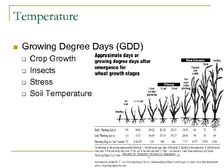Temperature n Growing Degree Days (GDD) q q Crop Growth Insects Stress Soil Temperature