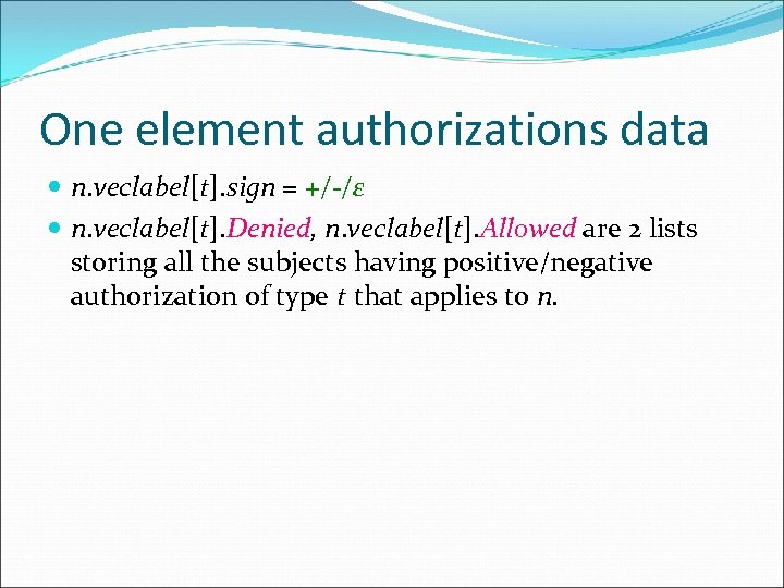 One element authorizations data n. veclabel[t]. sign = +/-/ε n. veclabel[t]. Denied, n. veclabel[t].