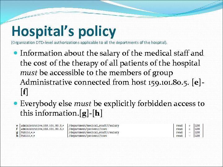 Hospital’s policy (Organization DTD-level authorizations applicable to all the departments of the hospital). Information