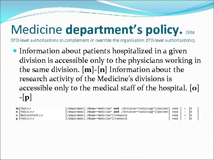 Medicine department’s policy. (Site DTD-level authorizations to complement or override the organization DTD-level authorizations).