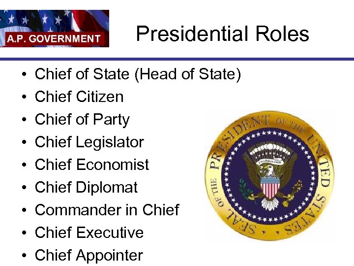 Presidential Roles • • • Chief of State (Head of State) Chief Citizen Chief