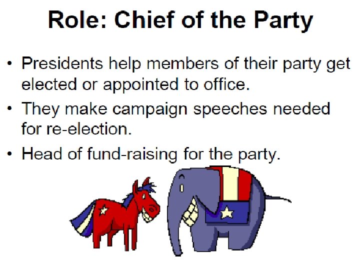  • Role: Chief of the Party • • Presidents help members of their