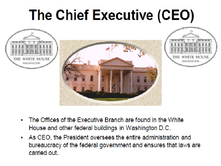 The Chief Executive (CEO) • • The Offices of the Executive Branch are found