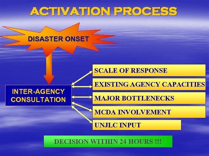 ACTIVATION PROCESS DISASTER ONSET SCALE OF RESPONSE INTER-AGENCY CONSULTATION EXISTING AGENCY CAPACITIES MAJOR BOTTLENECKS