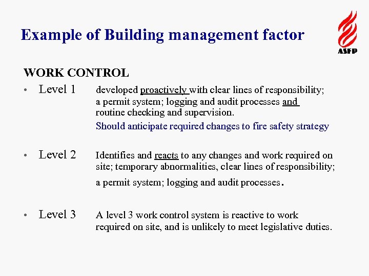 Example of Building management factor WORK CONTROL • Level 1 developed proactively with clear