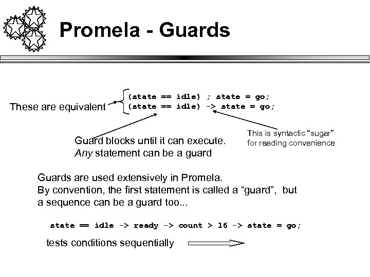 Promela - Guards These are equivalent (state == idle) ; state = go; (state