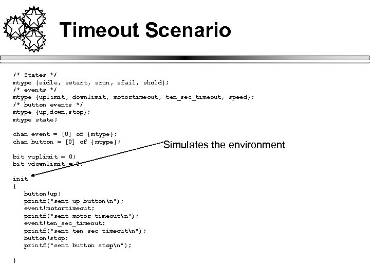 Timeout Scenario /* States */ mtype {sidle, sstart, srun, sfail, shold}; /* events */