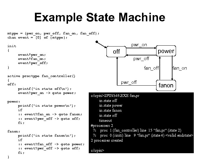 Example State Machine mtype = {pwr_on, pwr_off, fan_on, fan_off}; chan event = [0] of