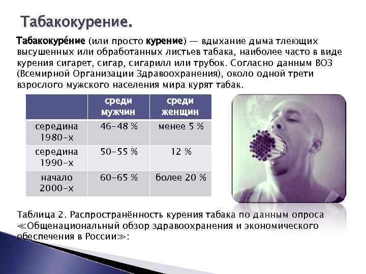 Табакокурение. Табакокуре ние (или просто курение) — вдыхание дыма тлеющих высушенных или обработанных листьев