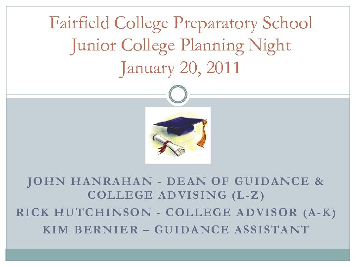 Fairfield College Preparatory School Junior College Planning Night January 20, 2011 JOHN HANRAHAN -