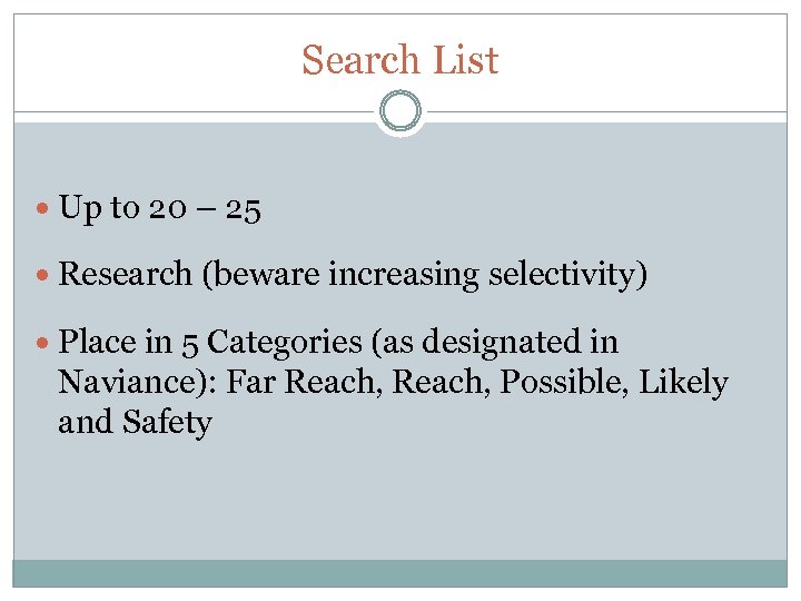 Search List Up to 20 – 25 Research (beware increasing selectivity) Place in 5
