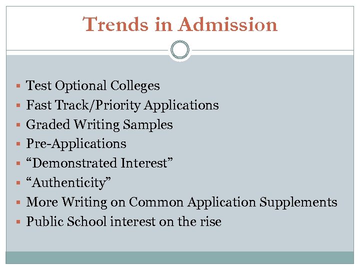 Trends in Admission § Test Optional Colleges § Fast Track/Priority Applications § Graded Writing