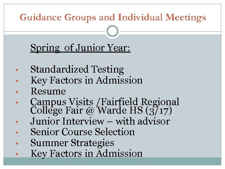 Guidance Groups and Individual Meetings Spring of Junior Year: • • Standardized Testing Key