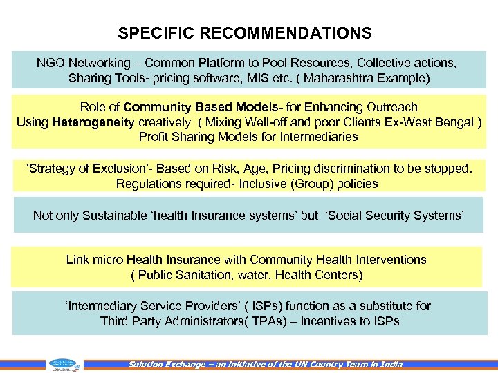 SPECIFIC RECOMMENDATIONS NGO Networking – Common Platform to Pool Resources, Collective actions, Sharing Tools-