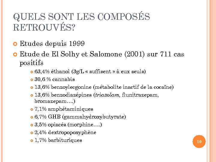 QUELS SONT LES COMPOSÉS RETROUVÉS? Etudes depuis 1999 Etude de El Solhy et Salomone