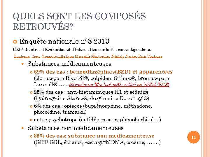 QUELS SONT LES COMPOSÉS RETROUVÉS? Enquête nationale n° 8 2013 CEIP=Centres d'Evaluation et d'Information