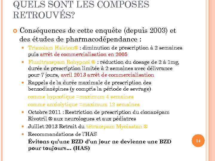 QUELS SONT LES COMPOSÉS RETROUVÉS? Conséquences de cette enquête (depuis 2003) et des études