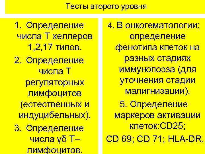  Тесты второго уровня 1. Определение 4. В онкогематологии: числа Т хелперов определение 1,