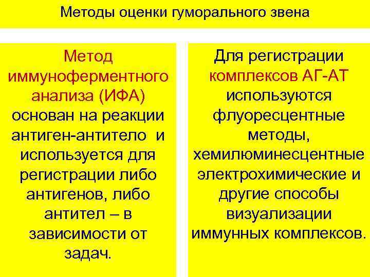 Методы оценки гуморального звена Метод иммуноферментного анализа (ИФА) основан на реакции антиген-антитело и используется