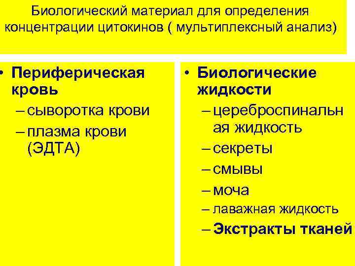 Биологический материал для определения концентрации цитокинов ( мультиплексный анализ) • Периферическая кровь – сыворотка