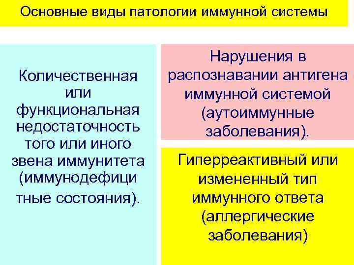 Основные виды патологии иммунной системы Количественная или функциональная недостаточность того или иного звена иммунитета