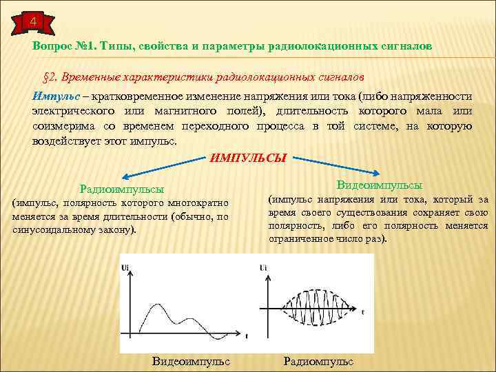 4 Вопрос № 1. Типы, свойства и параметры радиолокационных сигналов § 2. Временные характеристики