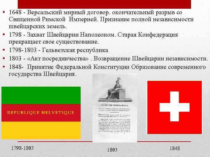  • 1648 - Версальский мирный договор. окончательный разрыв со Священной Римской Империей. Признание