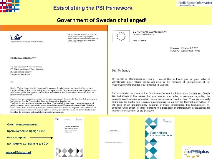 Establishing the PSI framework Government of Sweden challenged! Government Awareness: Open Sweden Campaign 2002