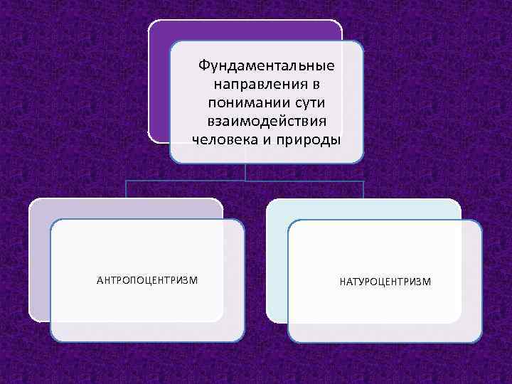 Фундаментальные направления в понимании сути взаимодействия человека и природы АНТРОПОЦЕНТРИЗМ НАТУРОЦЕНТРИЗМ 