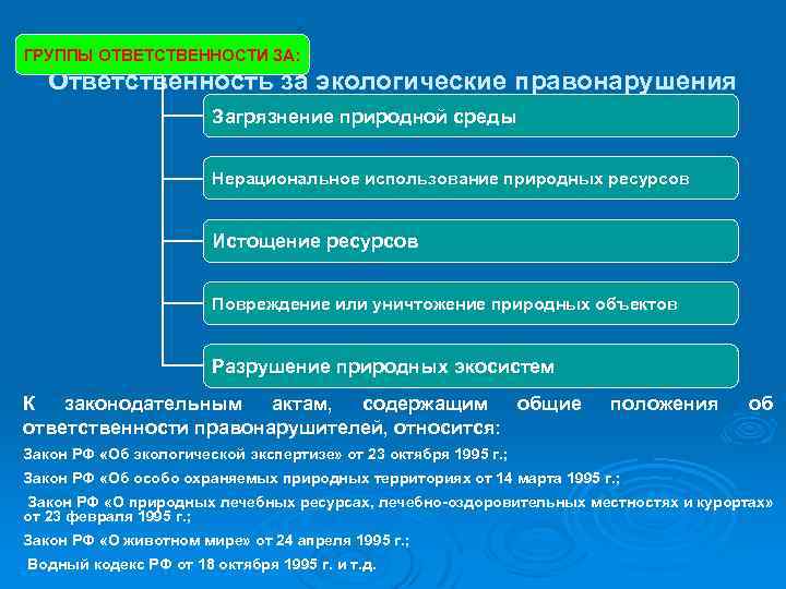 ГРУППЫ ОТВЕТСТВЕННОСТИ ЗА: Ответственность за экологические правонарушения Загрязнение природной среды Нерациональное использование природных ресурсов