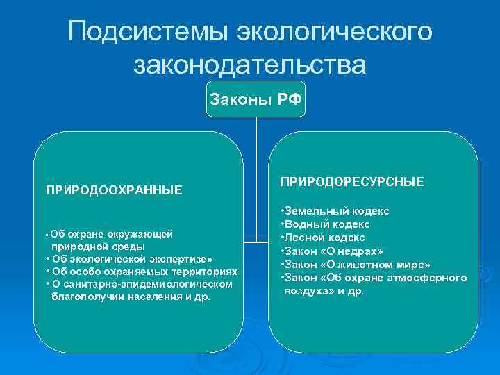 Подсистемы экологического законодательства Законы РФ ПРИРОДООХРАННЫЕ • Об охране окружающей природной среды • Об