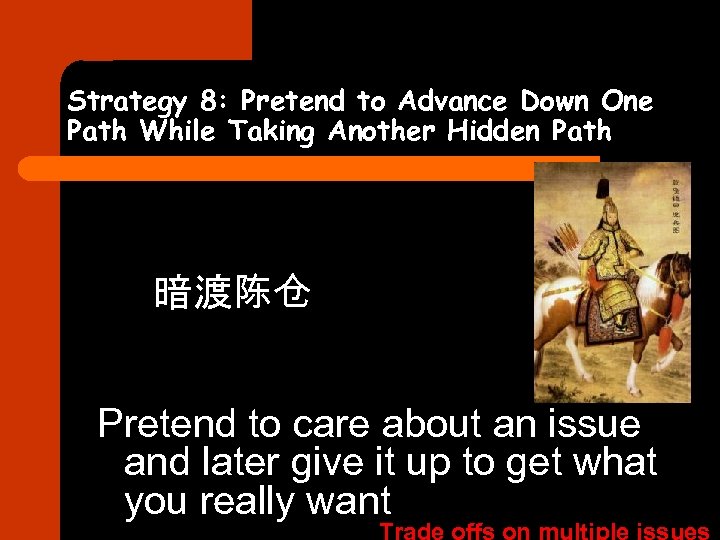 Strategy 8: Pretend to Advance Down One Path While Taking Another Hidden Path 暗渡陈仓