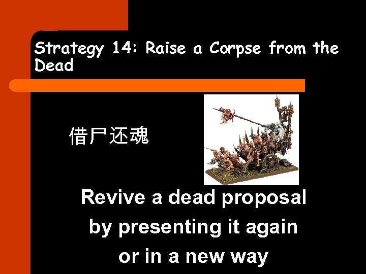 Strategy 14: Raise a Corpse from the Dead 借尸还魂 Revive a dead proposal by