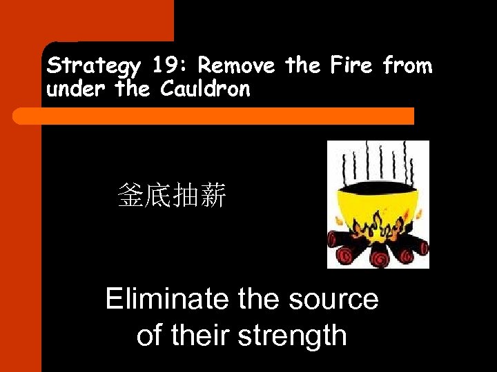 Strategy 19: Remove the Fire from under the Cauldron 釜底抽薪 Eliminate the source of
