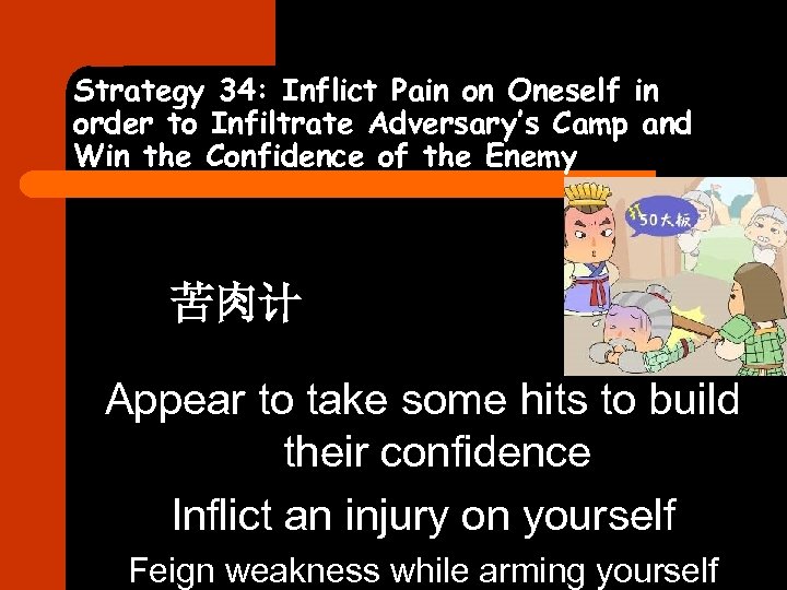 Strategy 34: Inflict Pain on Oneself in order to Infiltrate Adversary’s Camp and Win