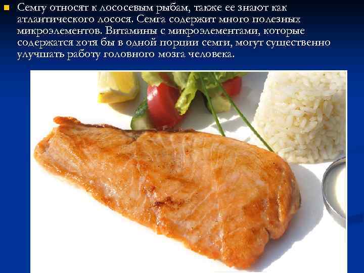 n Семгу относят к лососевым рыбам, также ее знают как атлантического лосося. Семга содержит