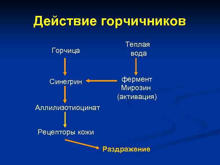 Действие горчичников Горчица Синегрин Теплая вода фермент Мирозин (активация) Аллилизотиоцинат Рецепторы кожи Раздражение 